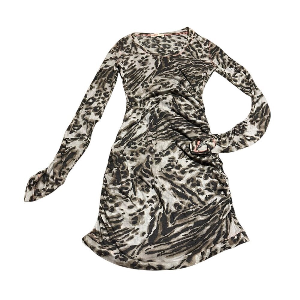 Rebecca Taylor Animal Print Long Sleeve Stretch Dress Mini Ruched Size 4 Women's